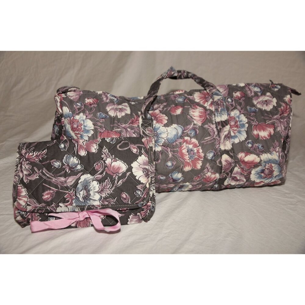 Vintage Lancome Paris Floral Duffle Bag & Clutch Fabric Vinyl Gray Pink Flowers